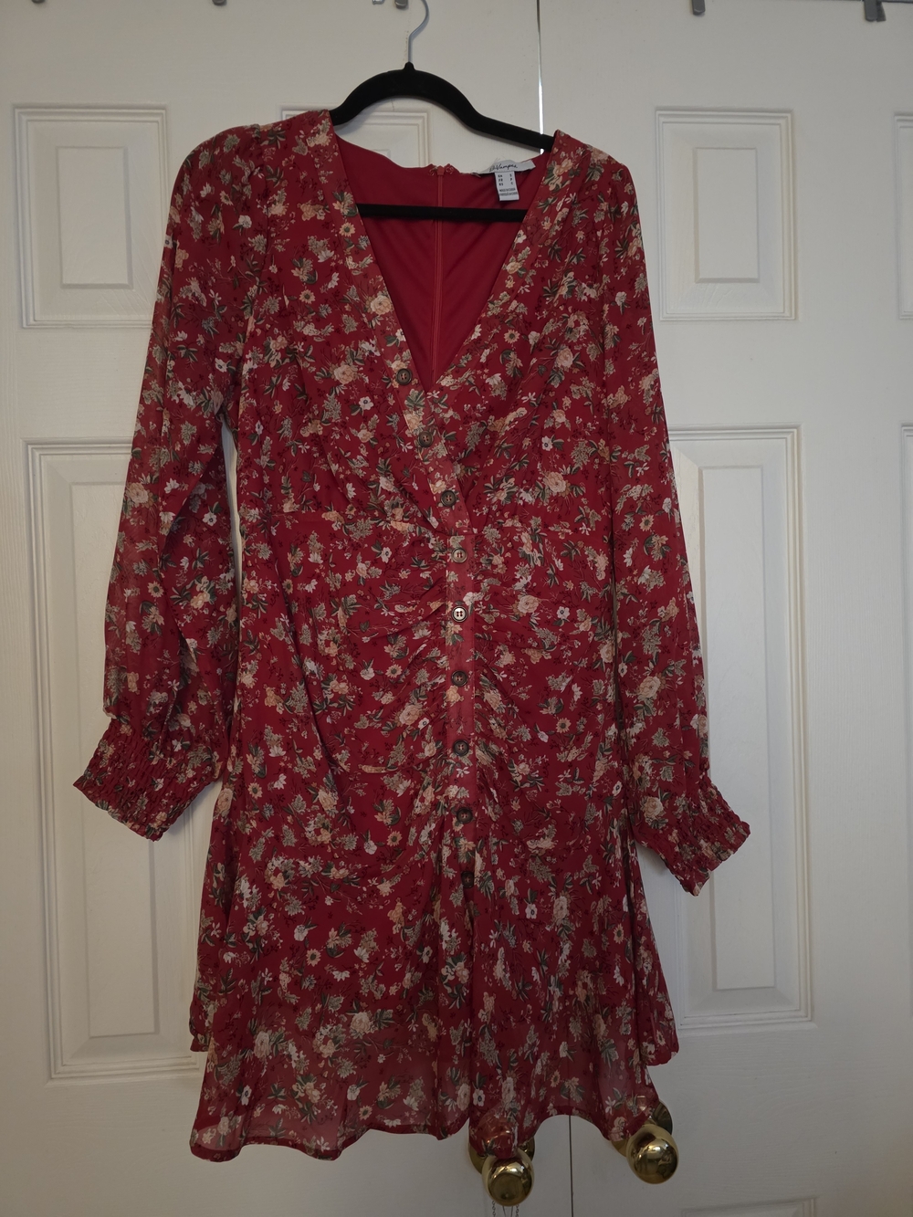Red Floral Long-Sleeve V-Neck Women's Dress